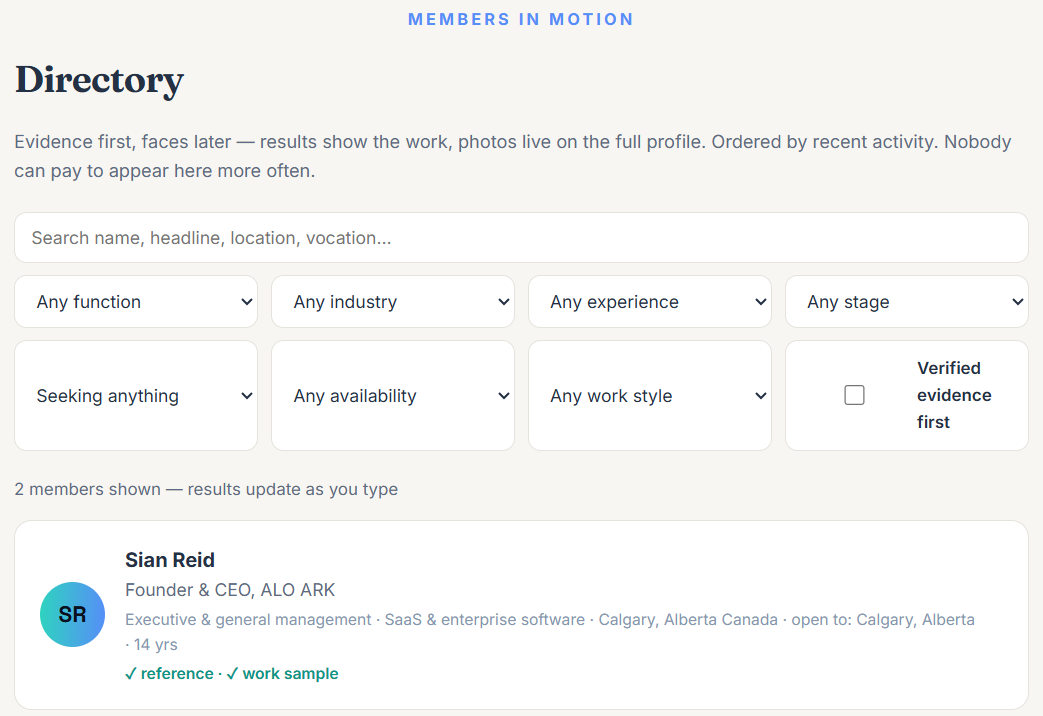 The ALO ARK member directory: search with filters for function, industry, experience, stage, availability, and work style