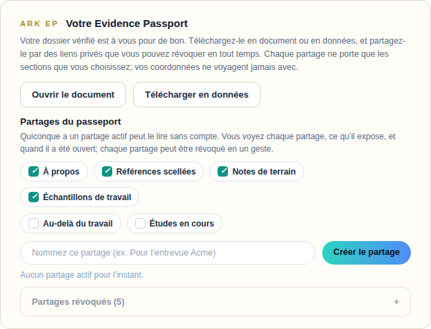 La carte Evidence Passport dans les réglages d’un membre : télécharger le dossier en document ou en données, choisir les sections qu’un partage transporte, créer un partage et révoquer n’importe quel partage en un geste