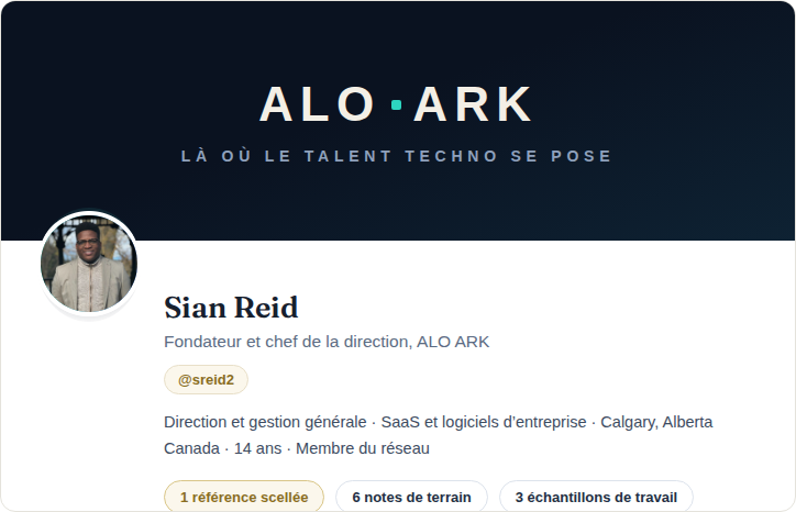 L’en-tête d’un profil ALO ARK en ligne montrant la bande de preuves : une référence scellée, six notes de terrain, trois échantillons de travail