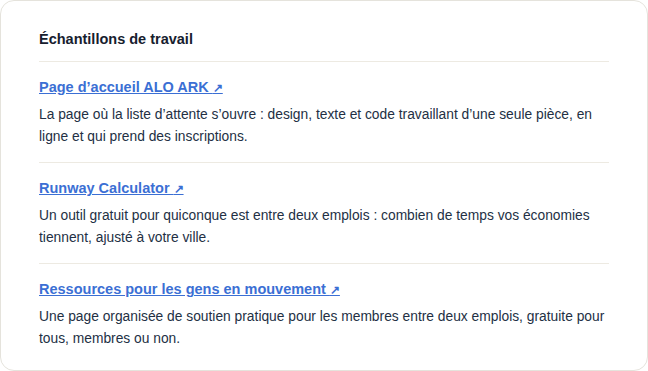 Des échantillons de travail sur un profil en ligne : la page d’accueil d’ALO ARK, le Runway Calculator et une page de ressources, chacun lié avec une description d’une ligne