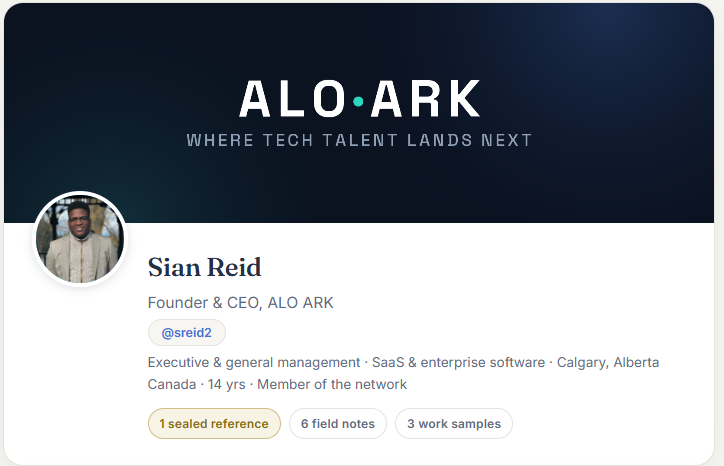A live ALO ARK profile header showing the evidence strip: one sealed reference, six field notes, three work samples