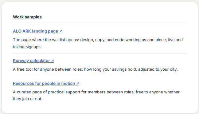 Work samples on a live profile: the ALO ARK landing page, the Runway Calculator, and a resources page, each linked with a one-line description